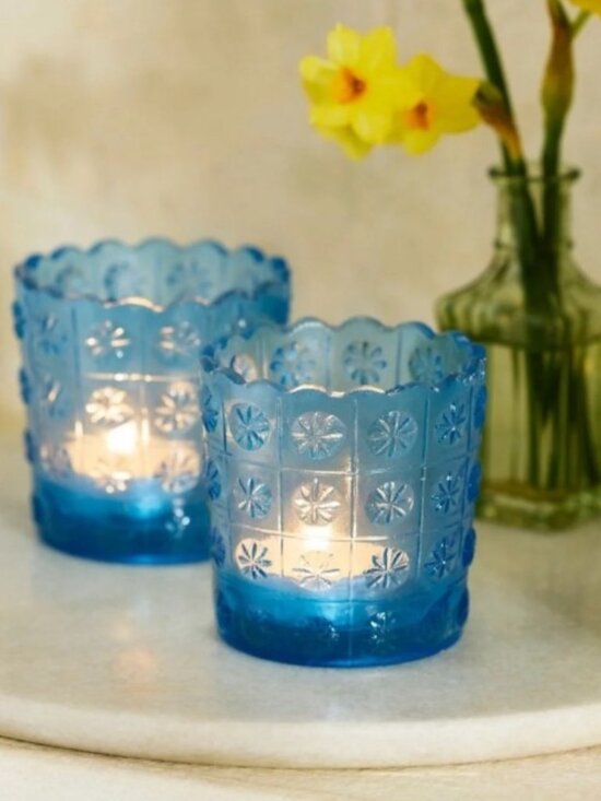 Anthropologie Other - Anthropologie / Terrain Etched Daisy Glass Votives in Ocean Blue, Set of 2 - NWT